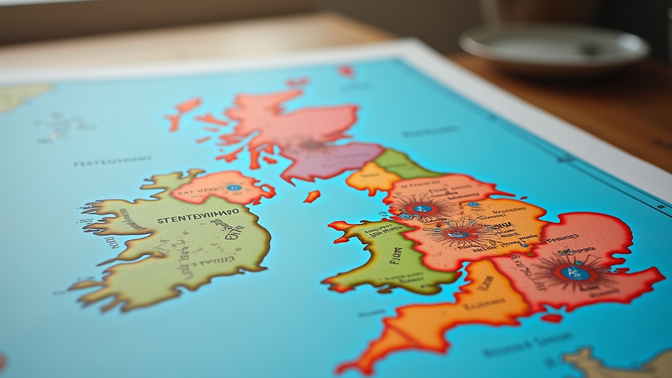 High angle view of a colourful map of the UK on a table