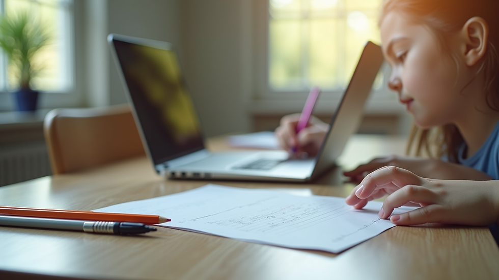 Close-up view of a child’s desk with school supplies ready for an online lesson