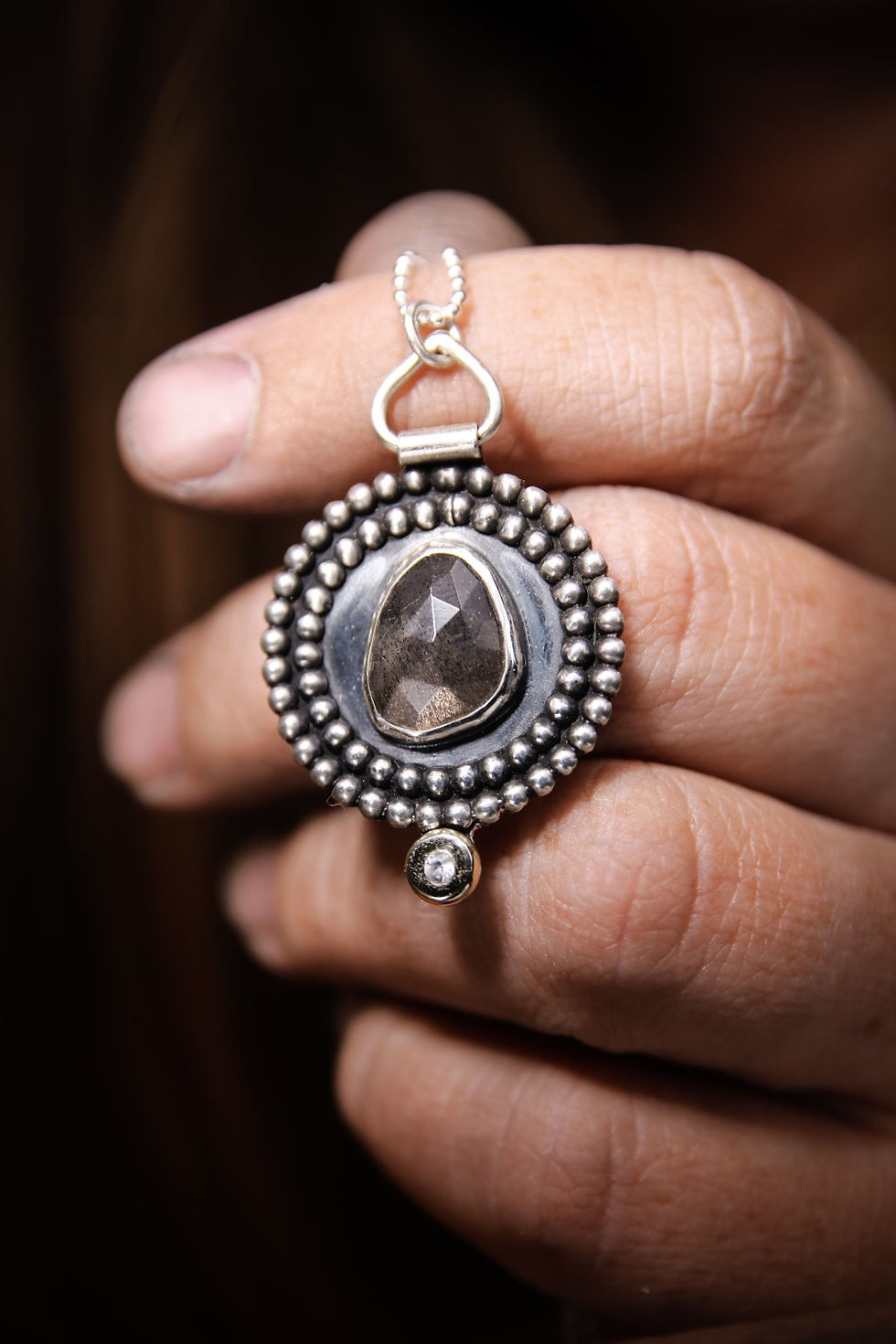 Thumbnail: Silver fox moonstone pendant with gold accent and Swarovski