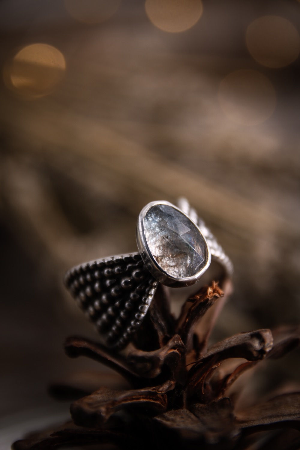 Size 8.75 • beaded goddess ring with moss aquamarine cabochon