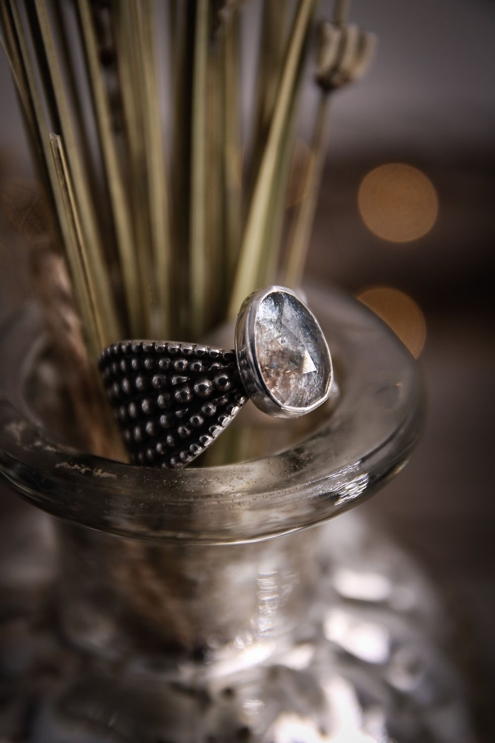Thumbnail: Size 8.75 • beaded goddess ring with moss aquamarine cabochon