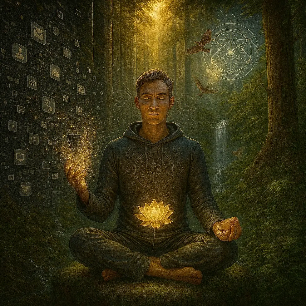 A person meditates in a forest, holding a glowing phone. Golden symbols, a lotus, and birds surround them. A waterfall is in the background.
