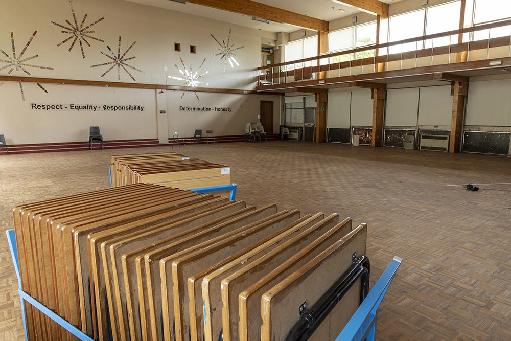 exam tables in empty hall