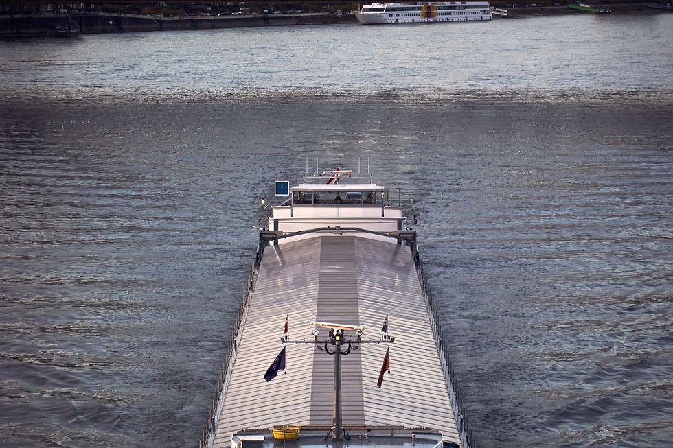 Automoteur de fret fluvial naviguant sur un fleuve européen