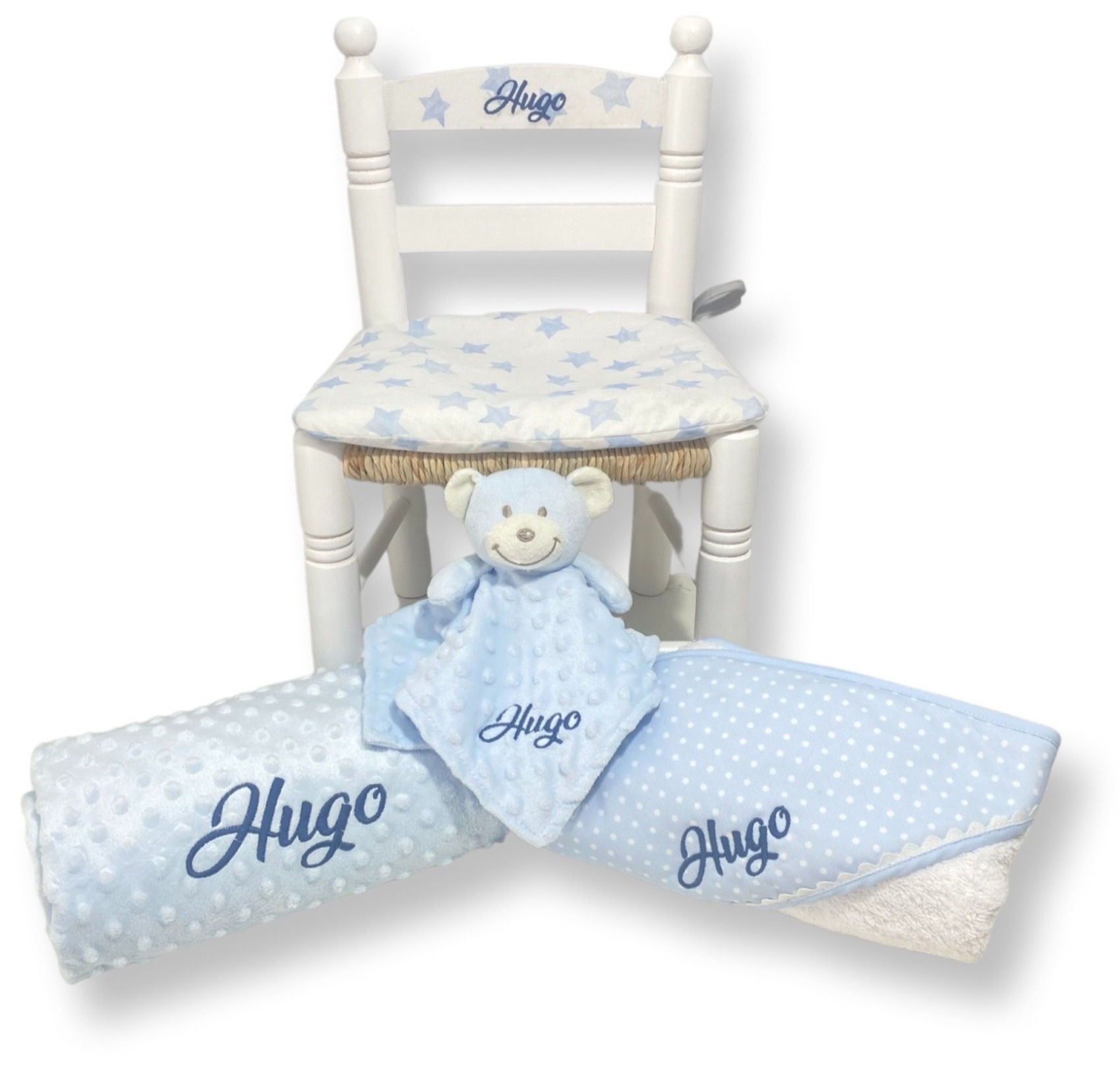 Canastilla bordada azul con estrellas y topitos blancos