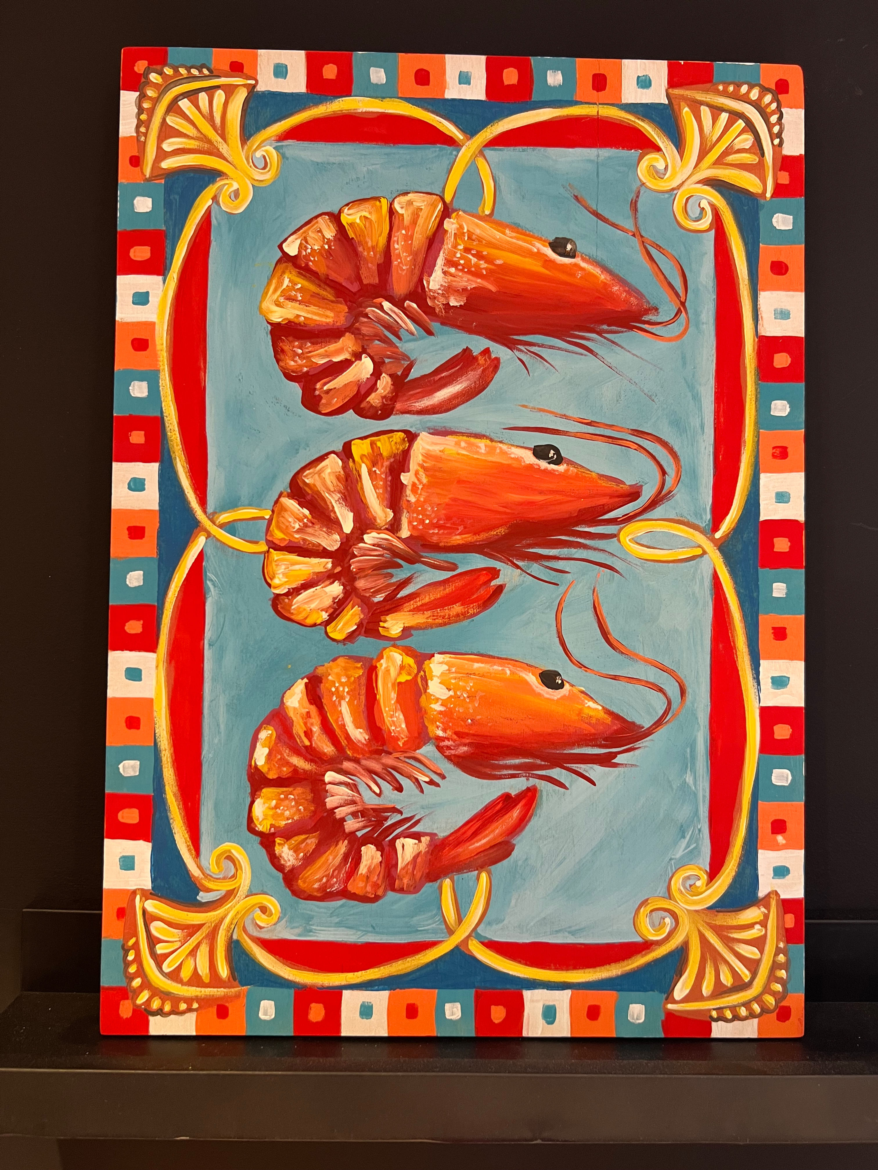 Hand-painted wooden panel - King Prawns