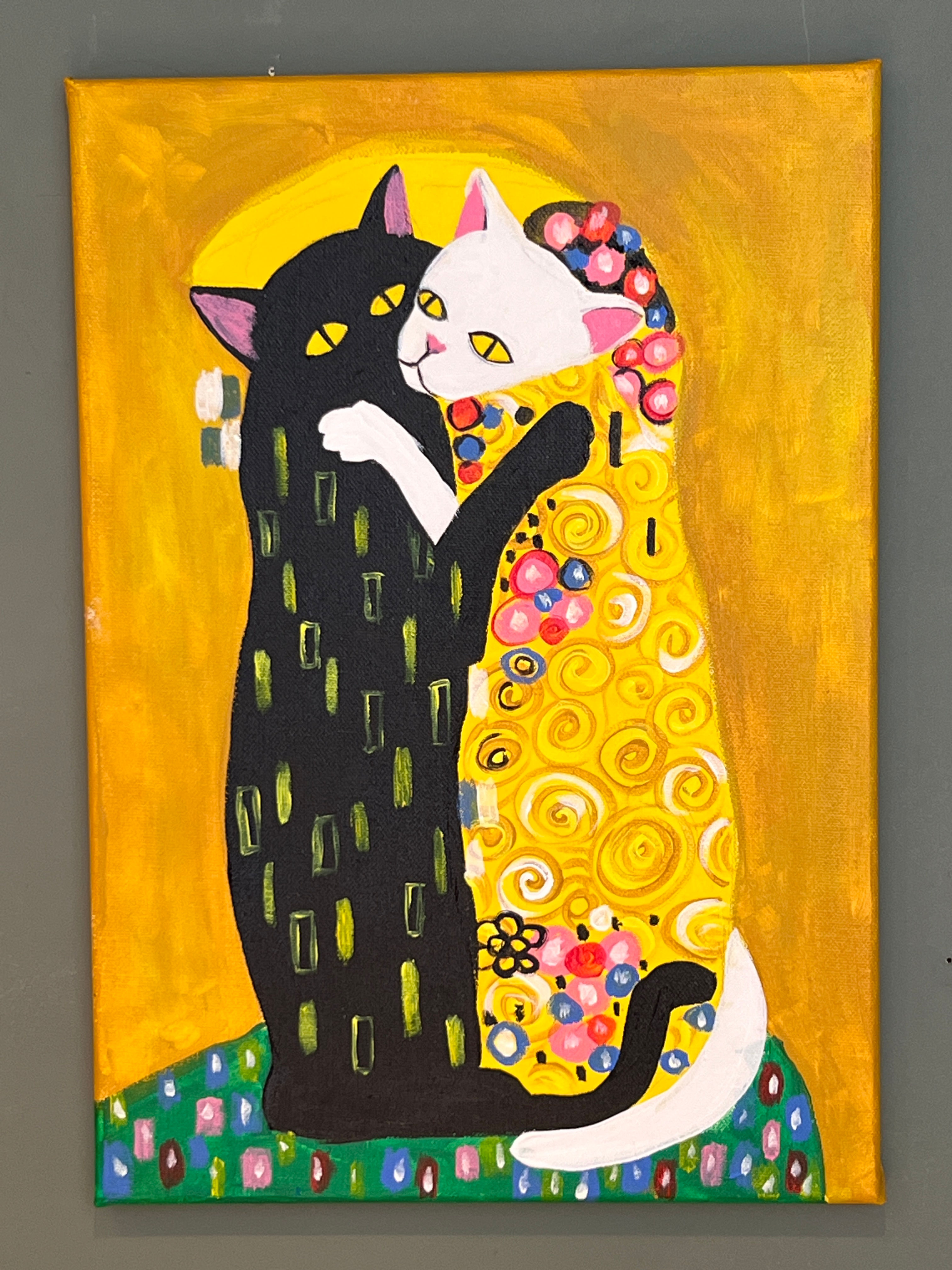 🐱 Klimt-Inspired Cats — Original A3 Acrylic Painting