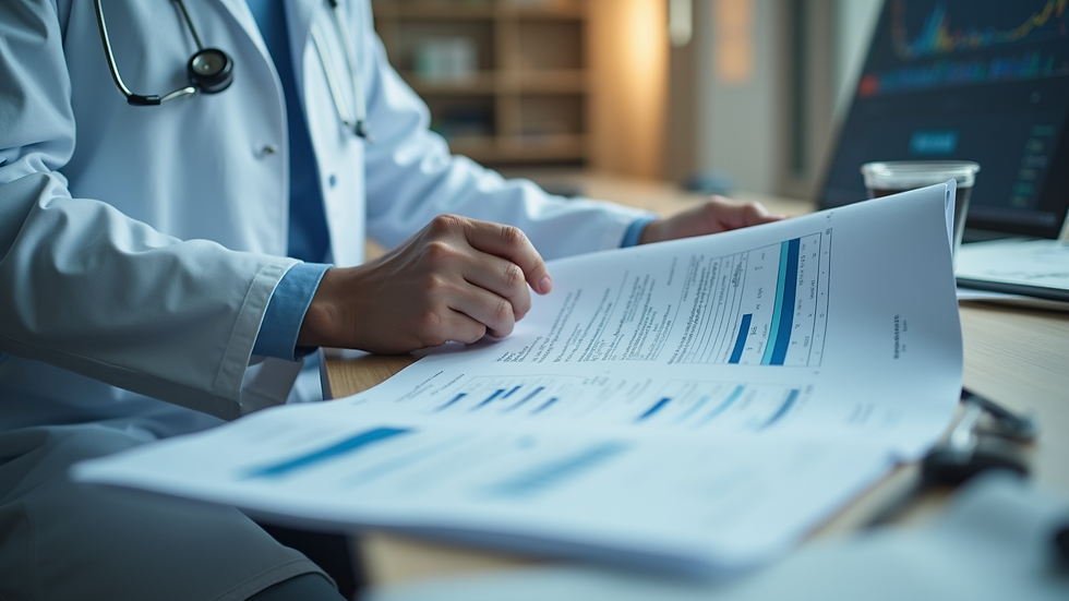 Close-up view of a medical professional reviewing a patient’s health records