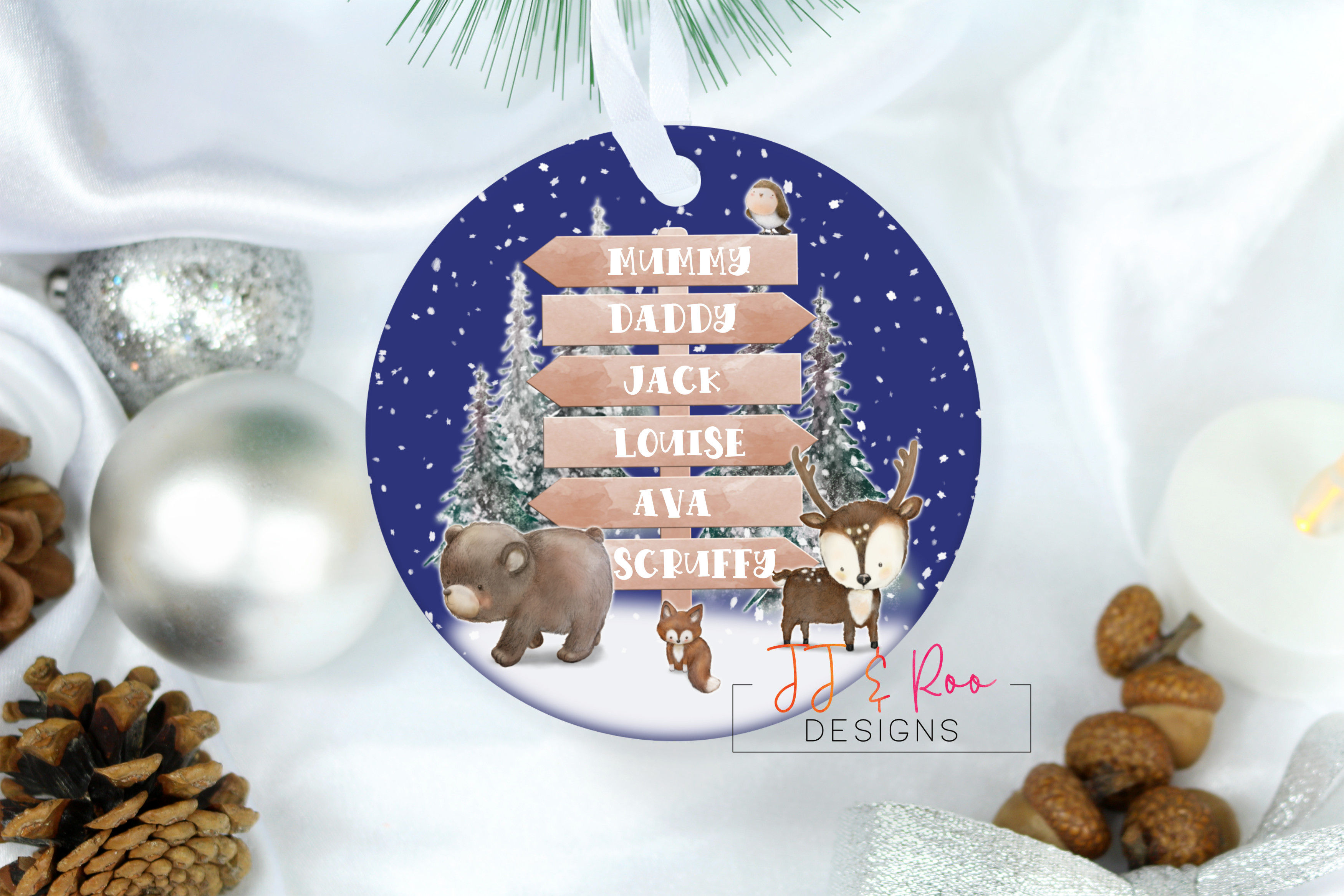Personalised Family Woodland Signpost Christmas Tree Bauble Decoration