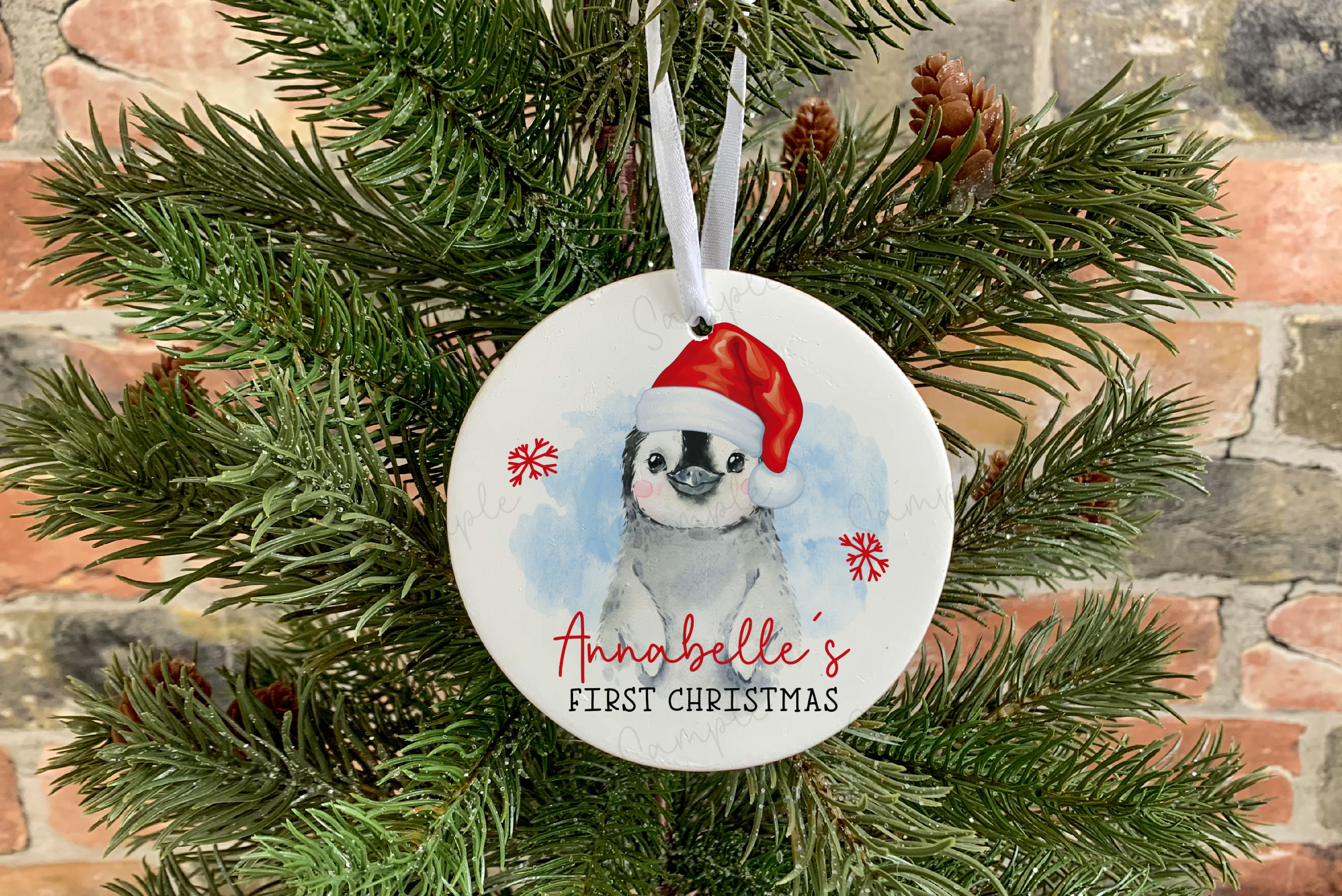 Personalised Baby's First Christmas Acrylic Tree Decoration: Cute Penguin