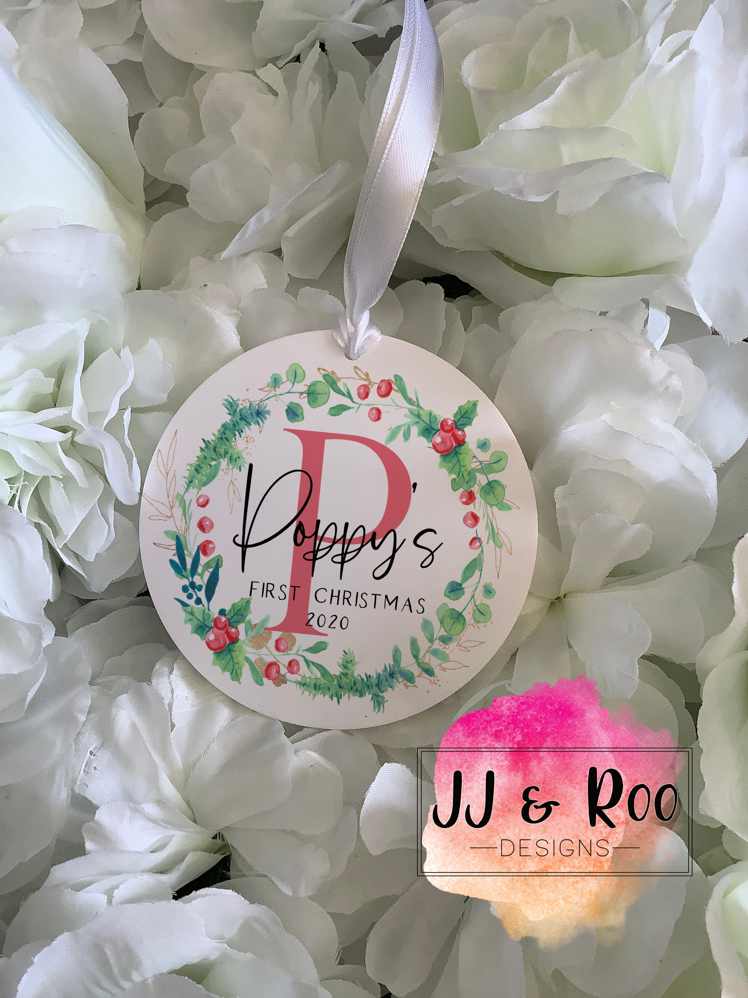 Personalised Baby's First Christmas Decoration: Traditional Holly Wreath