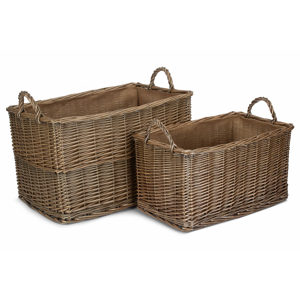 Antique Wash Willow Rectangular Hessian Lined Log Storage Baskets