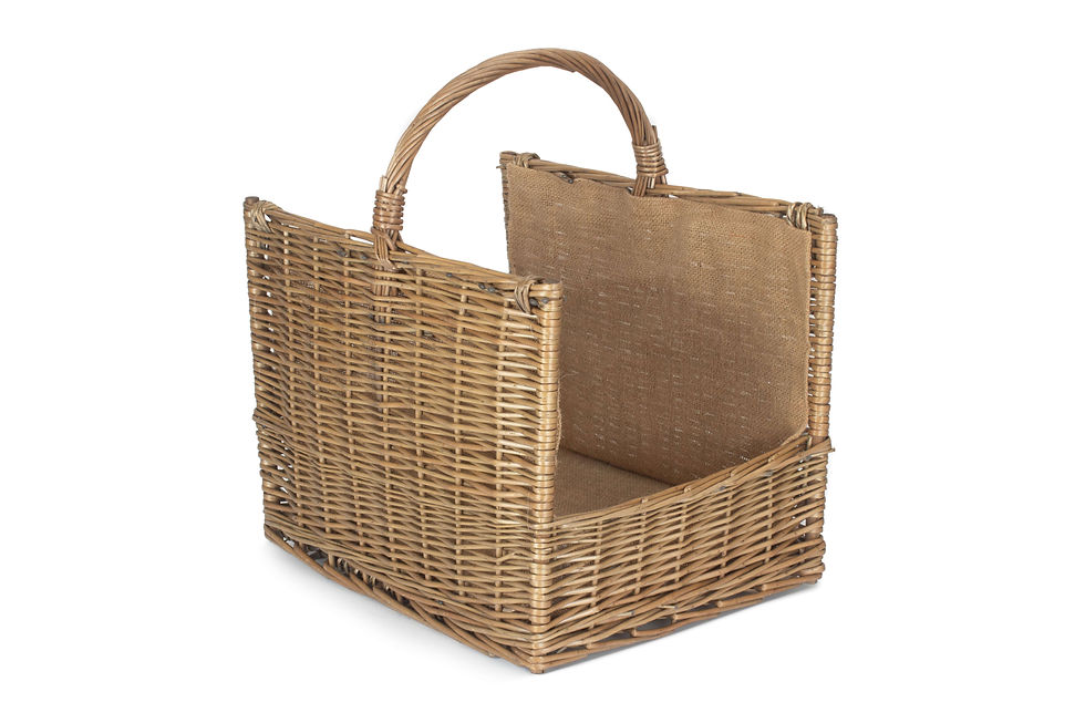 Thumbnail: Antique Wash Willow Open End Log Storage Basket - Hessian Lining