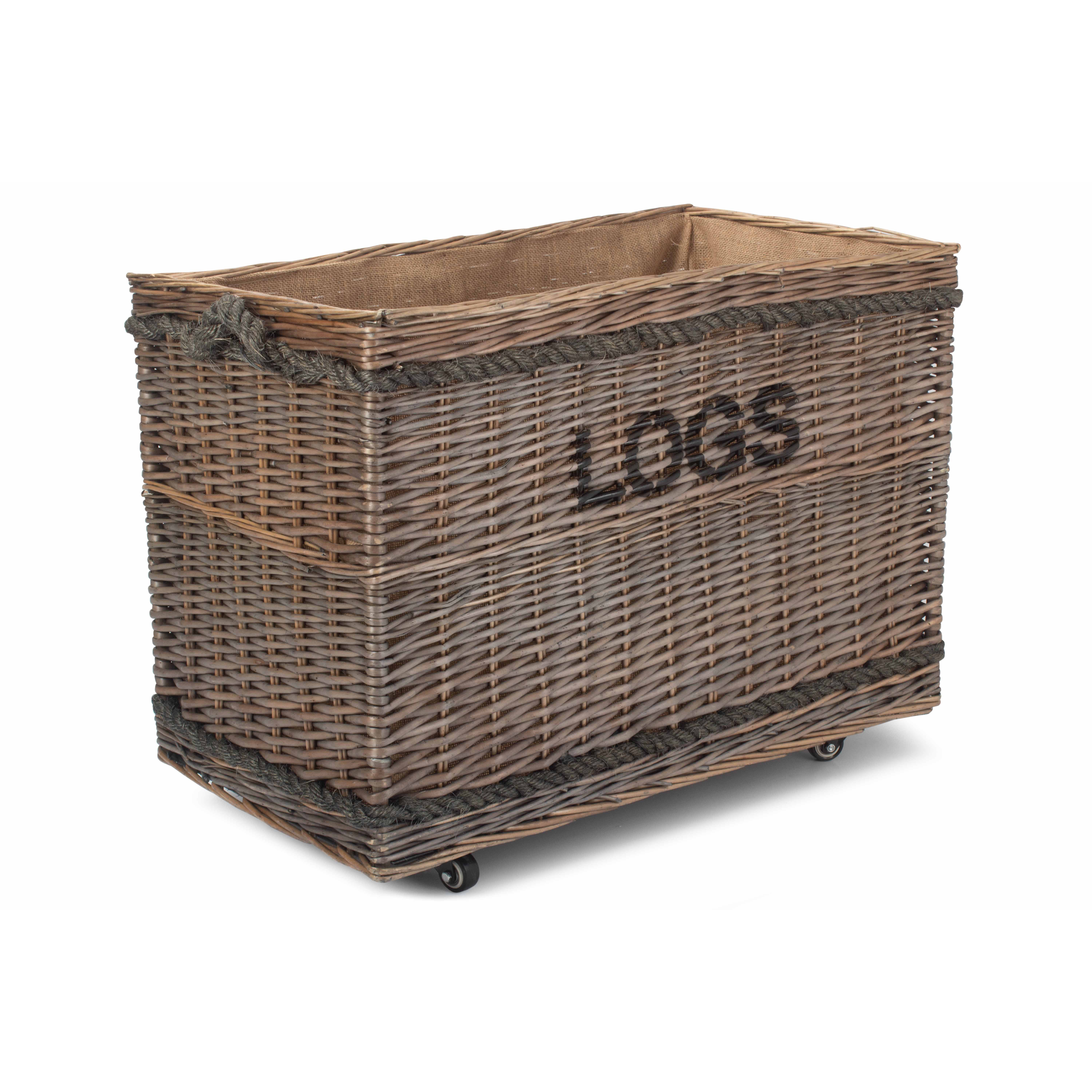 Jumbo Willow Lined "logs" Log Basket With Wheels