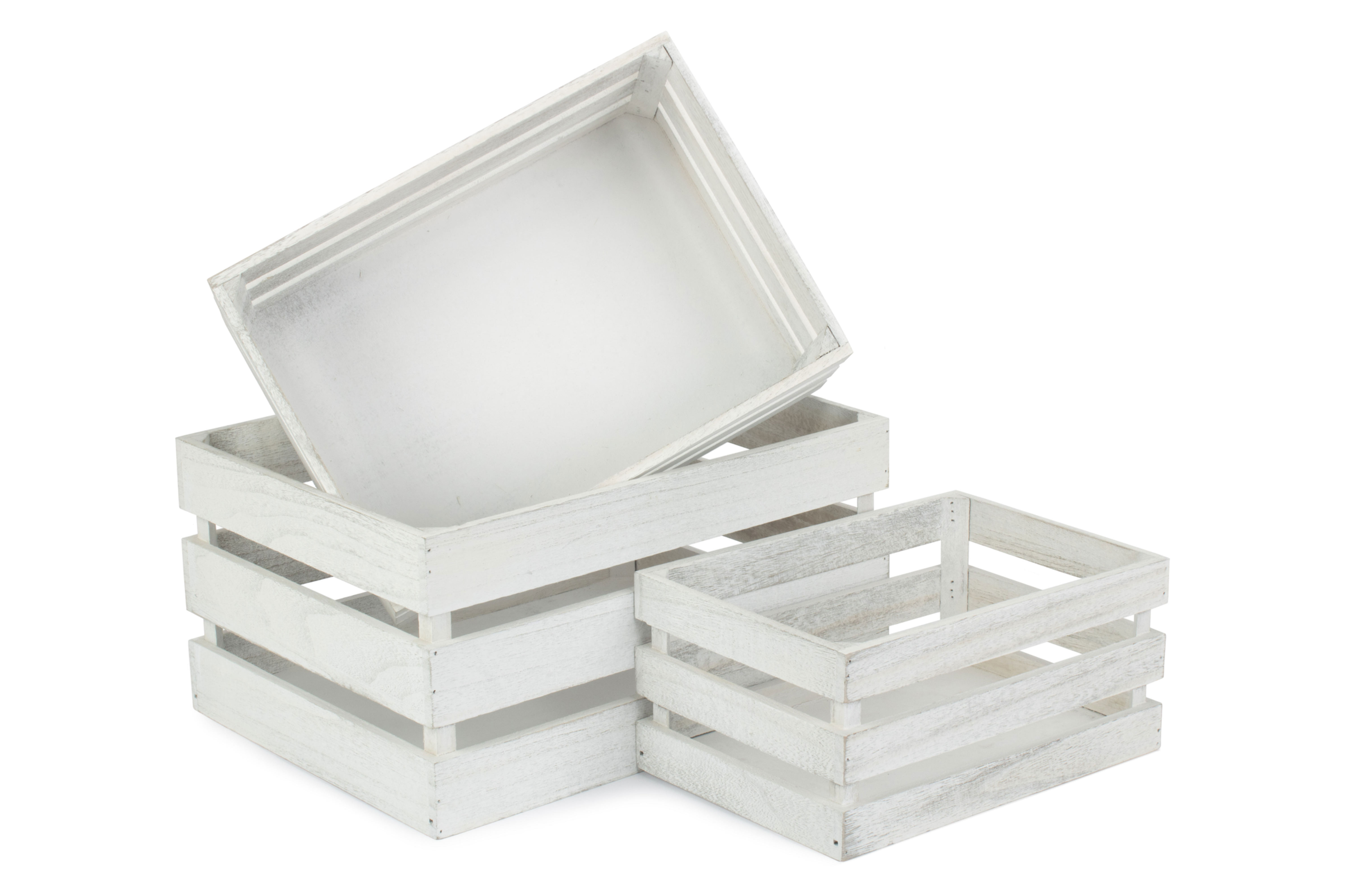 Set of 3 Vintage Slatted Wooden Crates in White