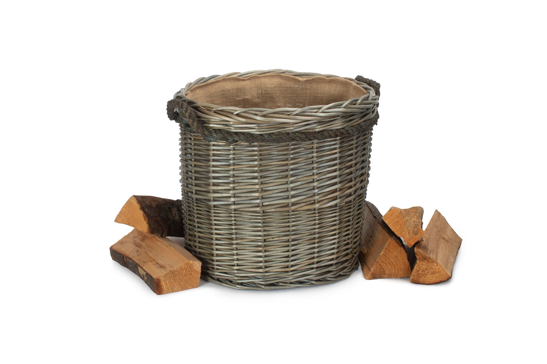 handwoven wicker log basket with handles