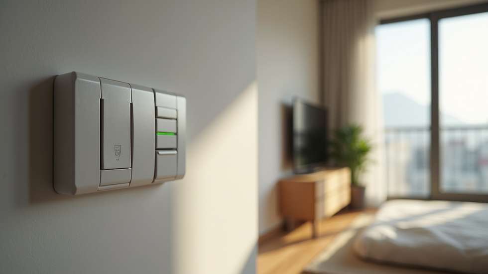 Vista frontal de painel elétrico moderno instalado em apartamento