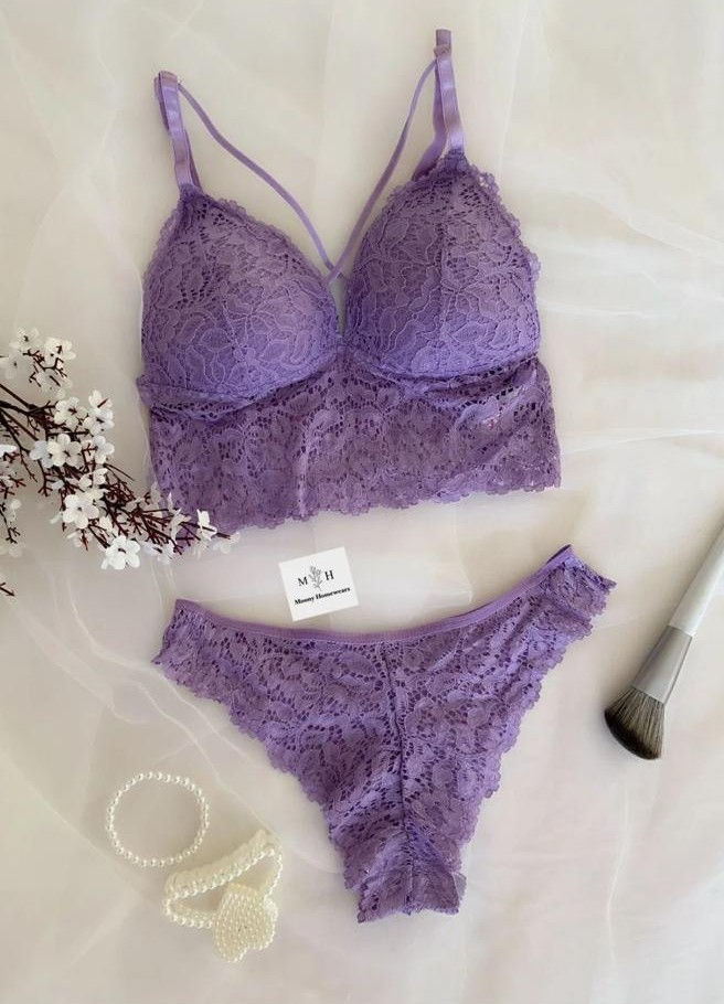 Lila Dantel Büstiyer Takım