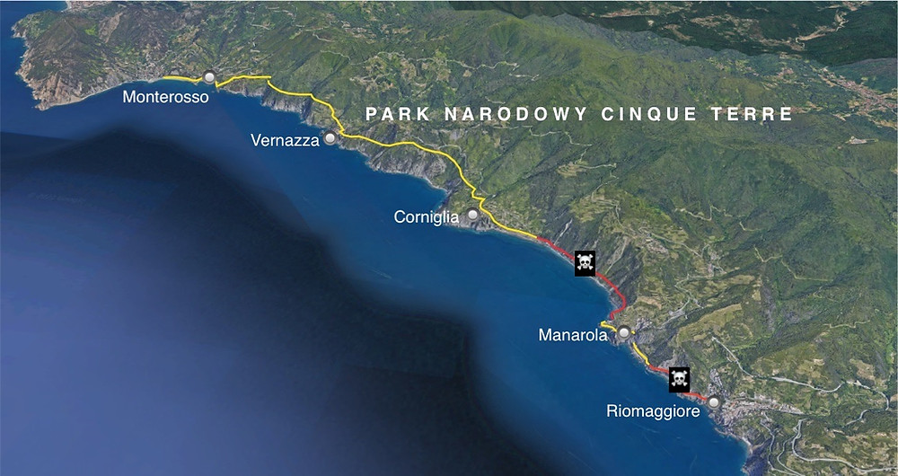 Cinque Terre mapa szlaku pieszego przez park narodowy