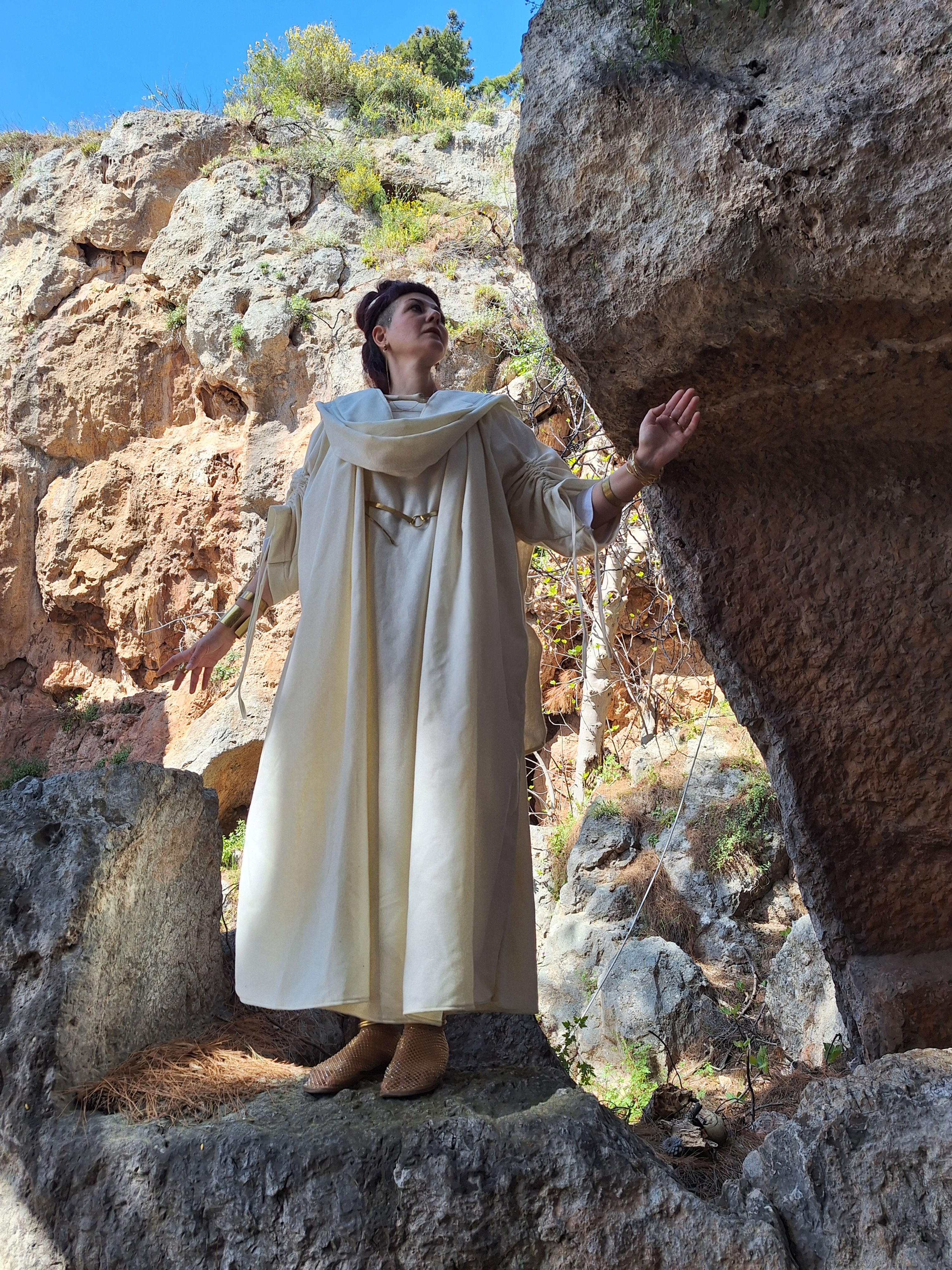 Priestess Ritual Dress, 3 pieces set, Ancient Greek Toga, White 100% Wool