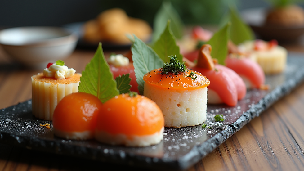 eye-level view of a beautifully arranged Japanese-Western fusion dessert platter