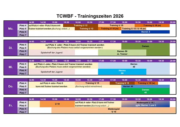 TCWBF Trainingszeiten 2026