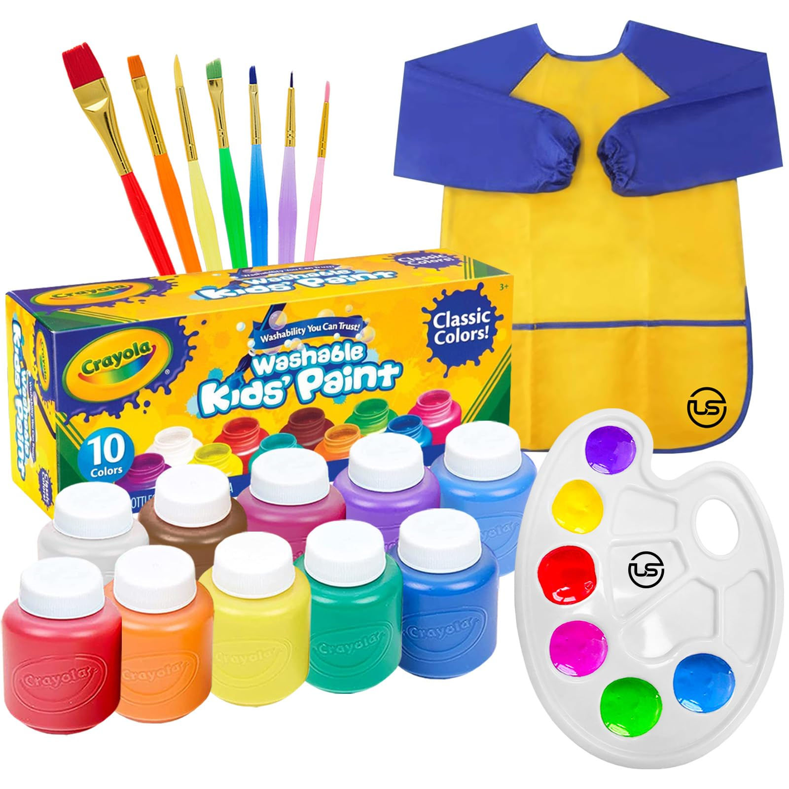 Washable Kids Paint Set 10 ct 7 Paint Brushes for Kids Paint Pallet Toddler Smoc