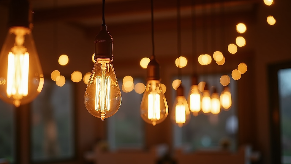 Close-up view of hanging Edison bulbs with warm glow at wedding venue