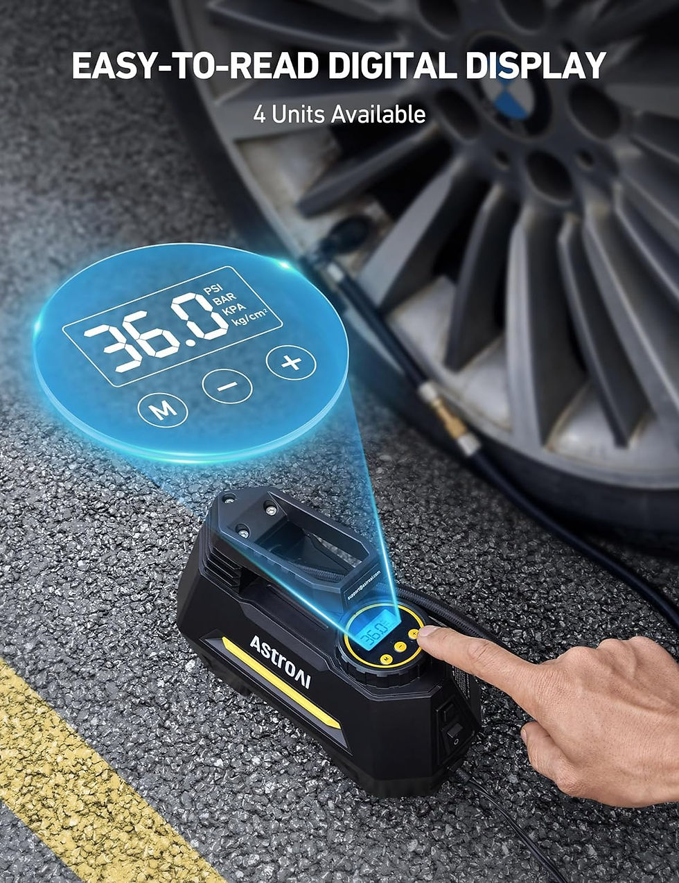 The AstroAI Tire Inflator Portable Air Compressor easy read display.