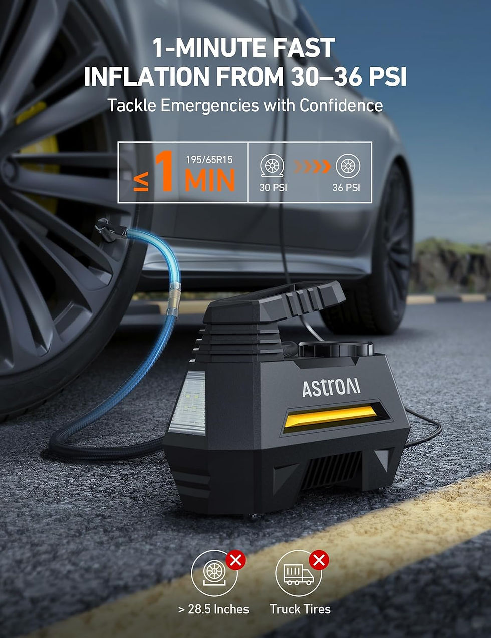 The AstroAI Tire Inflator Portable Air Compressor in use.