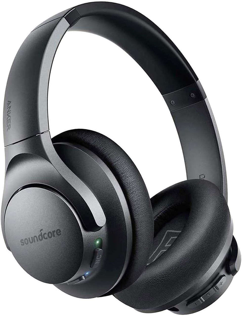 Soundcore Q20 Headphones with power and bluetooth lights on.