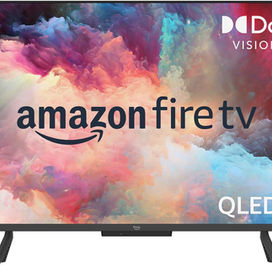 Amazon Fire TV Omni QLED shown powered on and facing front.