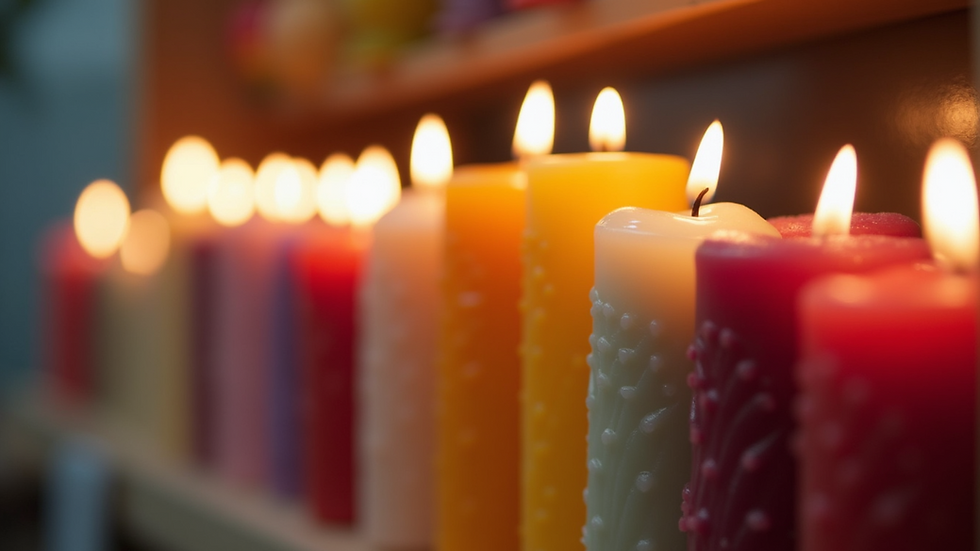 Close-up view of colorful handmade candles on display