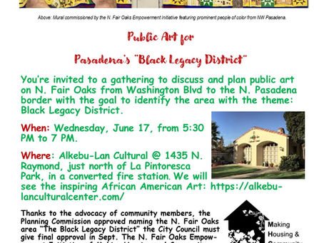 Join Us To Discuss and Plan Public Art in Pasadena's "Black Legacy District" on June 17