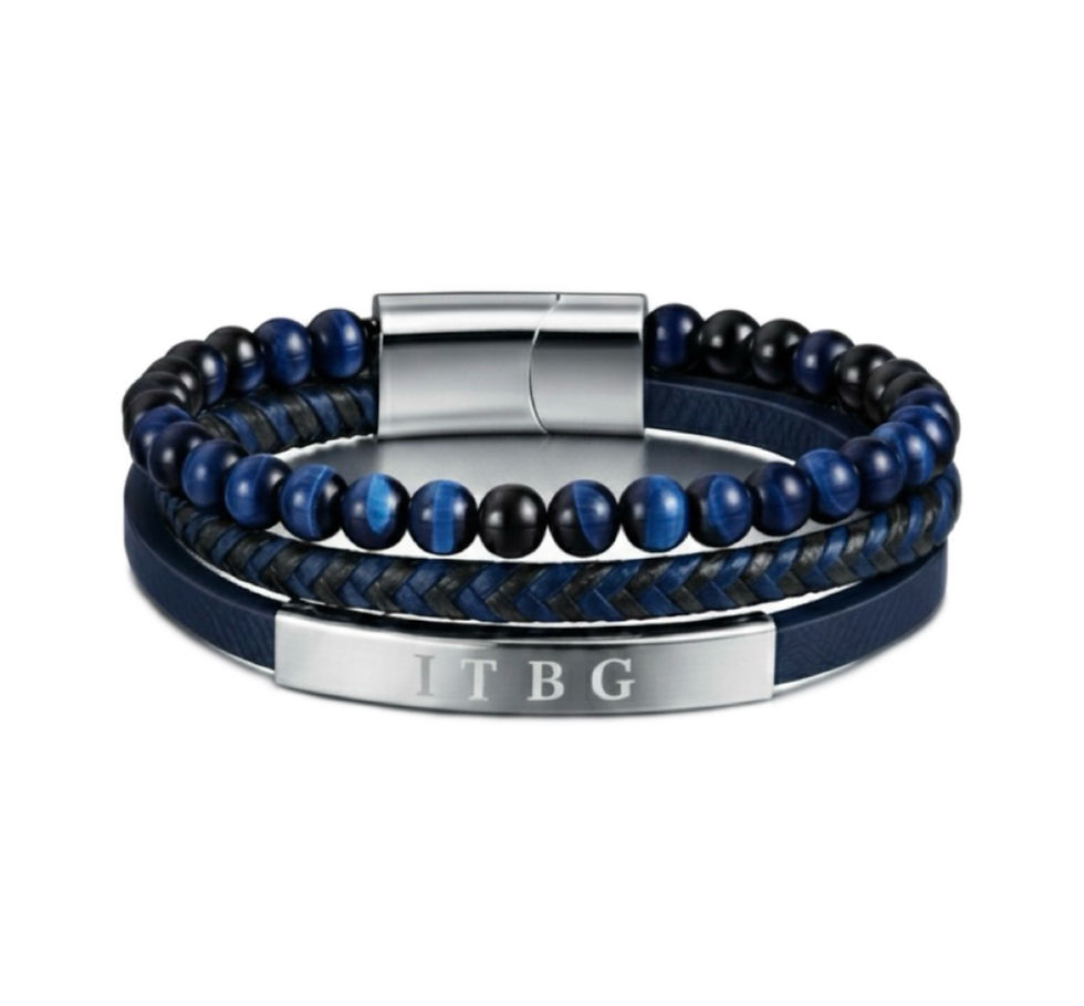 Thumbnail: ITBG Trinity Bracelet Blue Edition – handcrafted men’s bracelet with beads and black leather