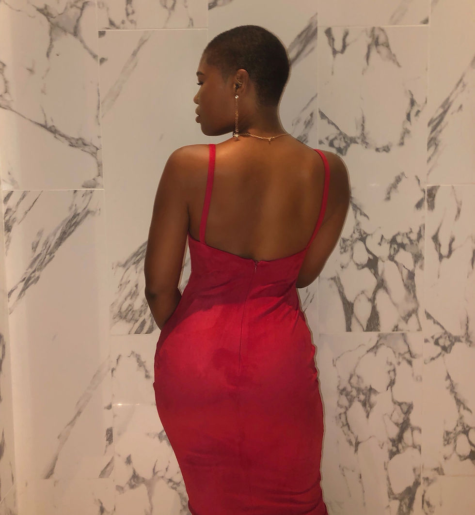 Back view red suede dress