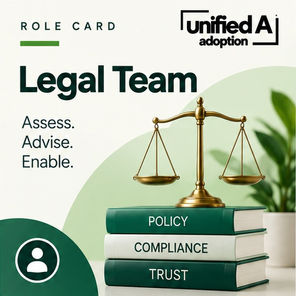 Legal Team Role Card graphic with scales of justice and policy, compliance, and trust books.