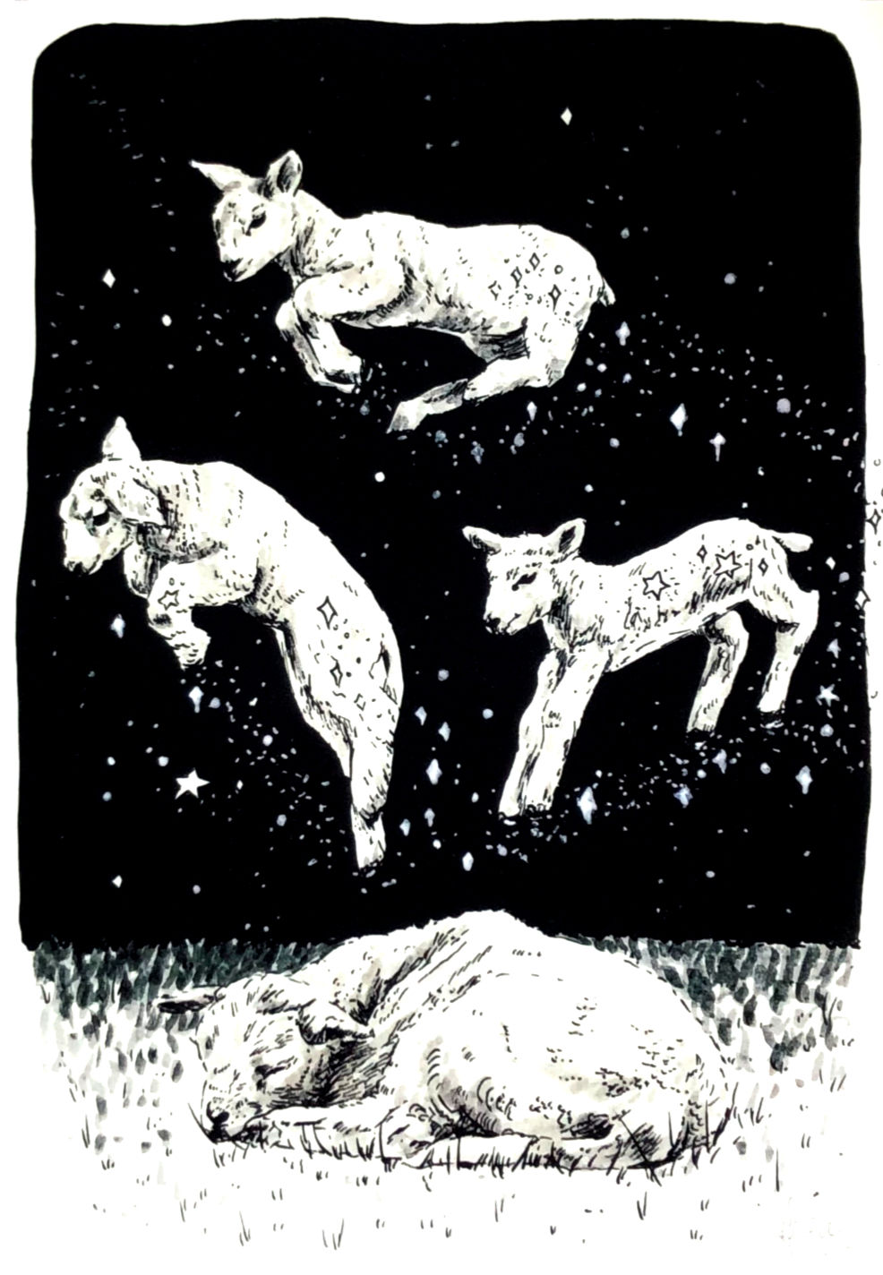 Träumendes Schaf und springende Schafe im Himmel