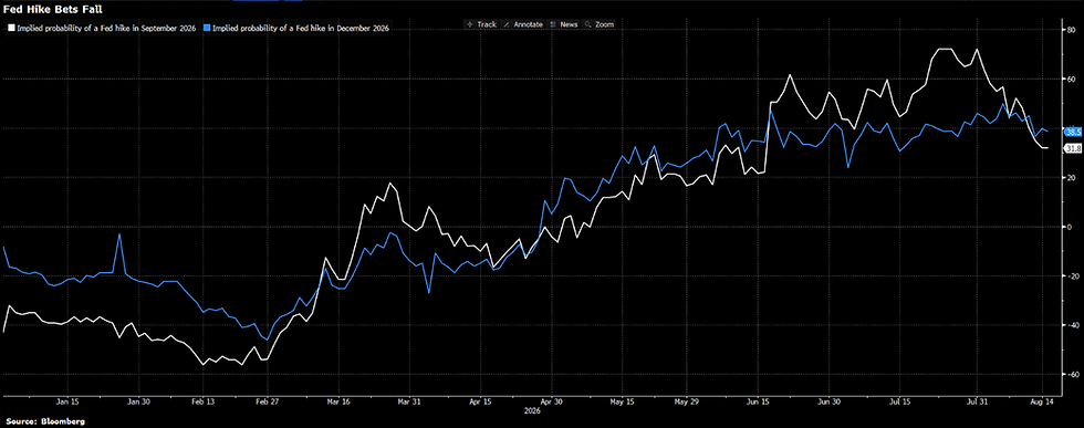 Expectations of a US rate rise in September fell to roughly 30% off the back of muted inflation data. Source: Bloomberg