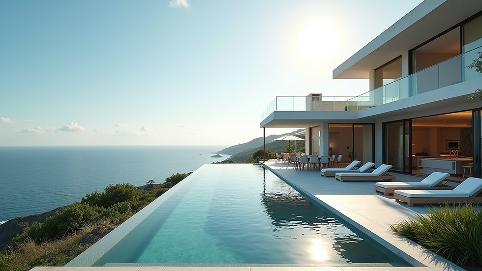 Wide angle view of luxury villa exterior with ocean view