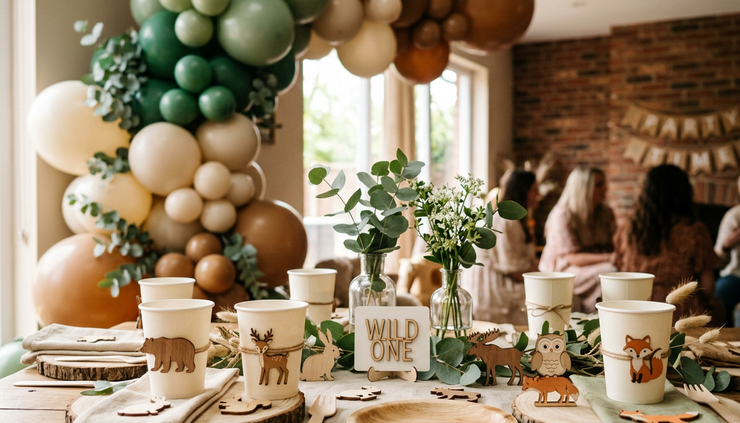 Close-up view of a party table with themed balloons in layered shades of green and beige.