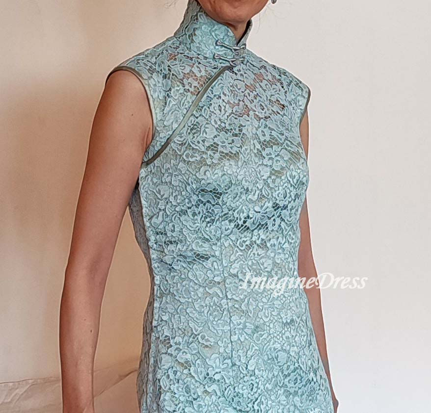 Thumbnail: Lace Qipao in aqua (蕾絲夾緞面裡旗袍)