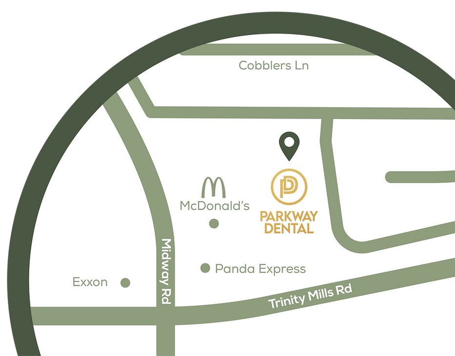 A small map showing Parkway Dental's location at Midway and Trinity Mills.
