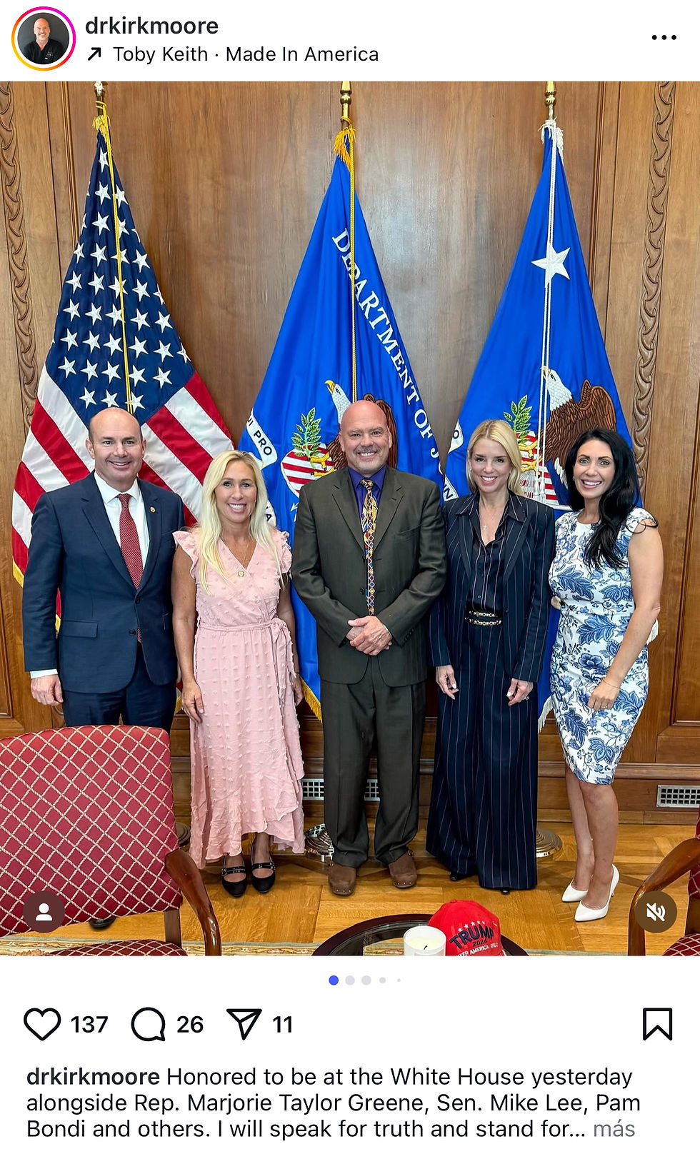Original Instagram post by Dr. Kirk Moore (@drkirkmoore), where he appears alongside Marjorie Taylor Greene, Mike Lee, and Pam Bondi during a visit to the White House. Image used for informational purposes.