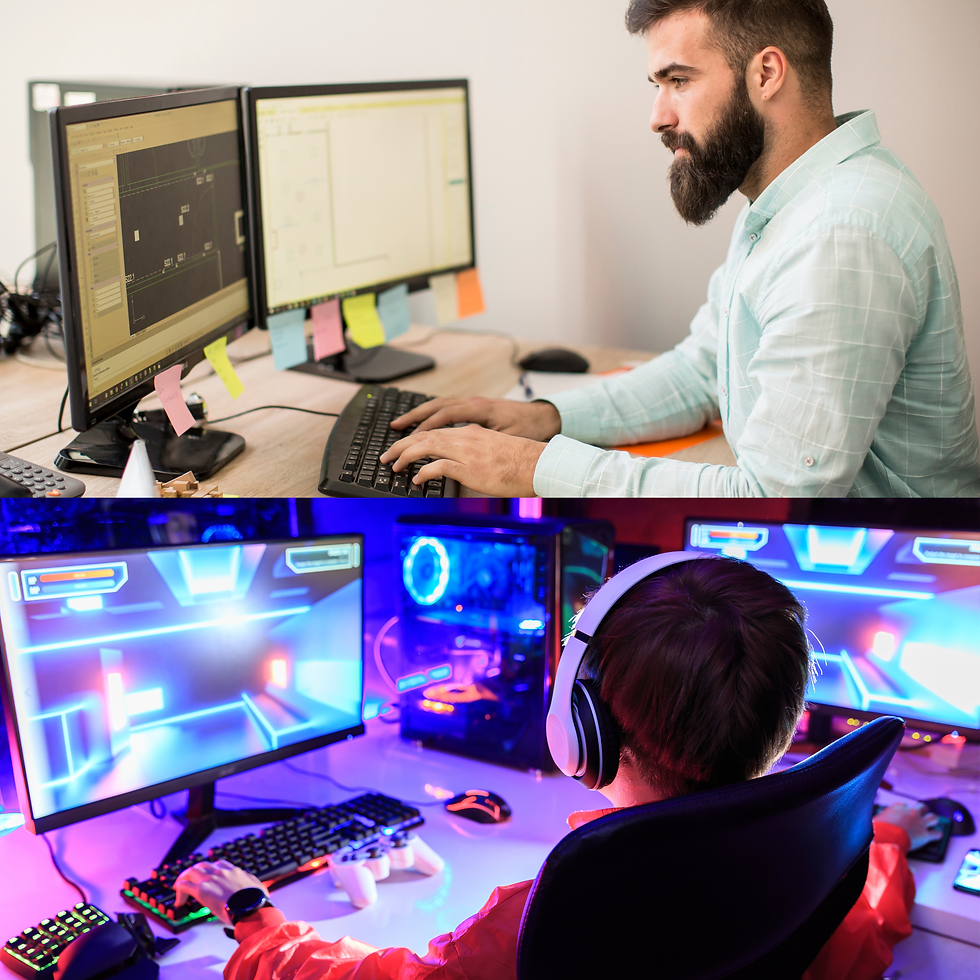Split image of a custom gaming PC setup with RGB lights and a professional business workstation for productivity