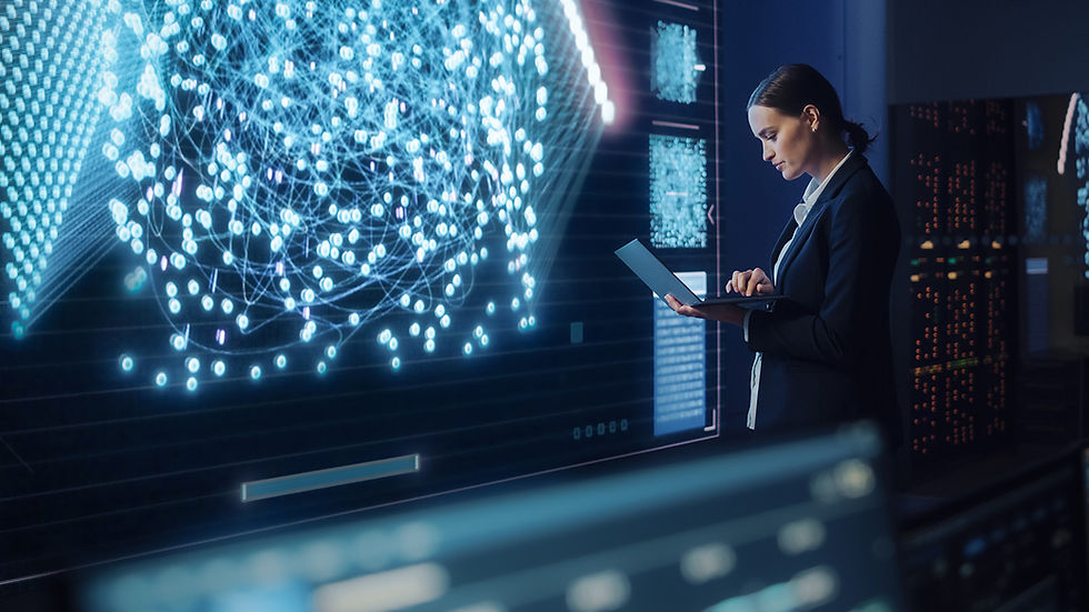 A person in a dark room analyzes a laptop. Neon blue neural network graphics and digital screens fill the background, creating a tech atmosphere.