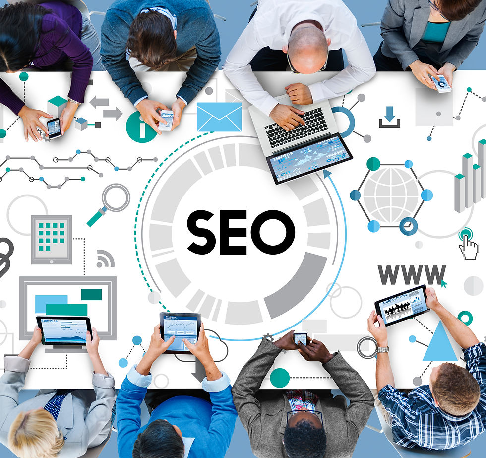 People sitting around a table using devices with SEO graphics and charts. The setting is business-focused with a modern, techy vibe.