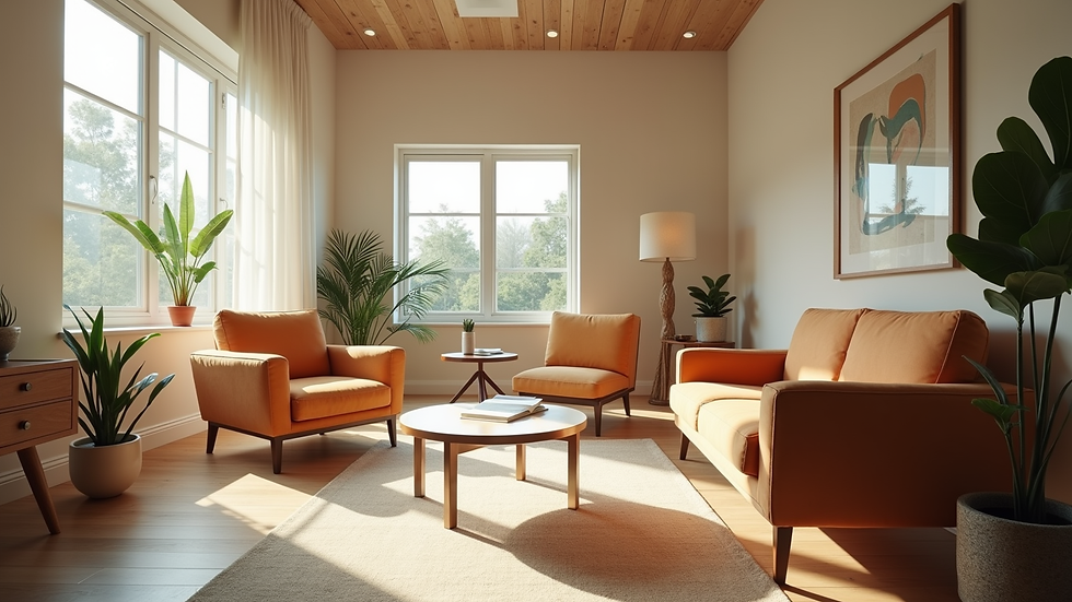 Eye-level view of a serene coaching space with comfortable seating and natural light