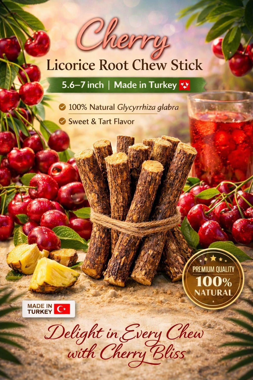 Cherry Licorice Root Chew Stick 100%  Pure Fresh Turkish Glycyrrhiza Glabra