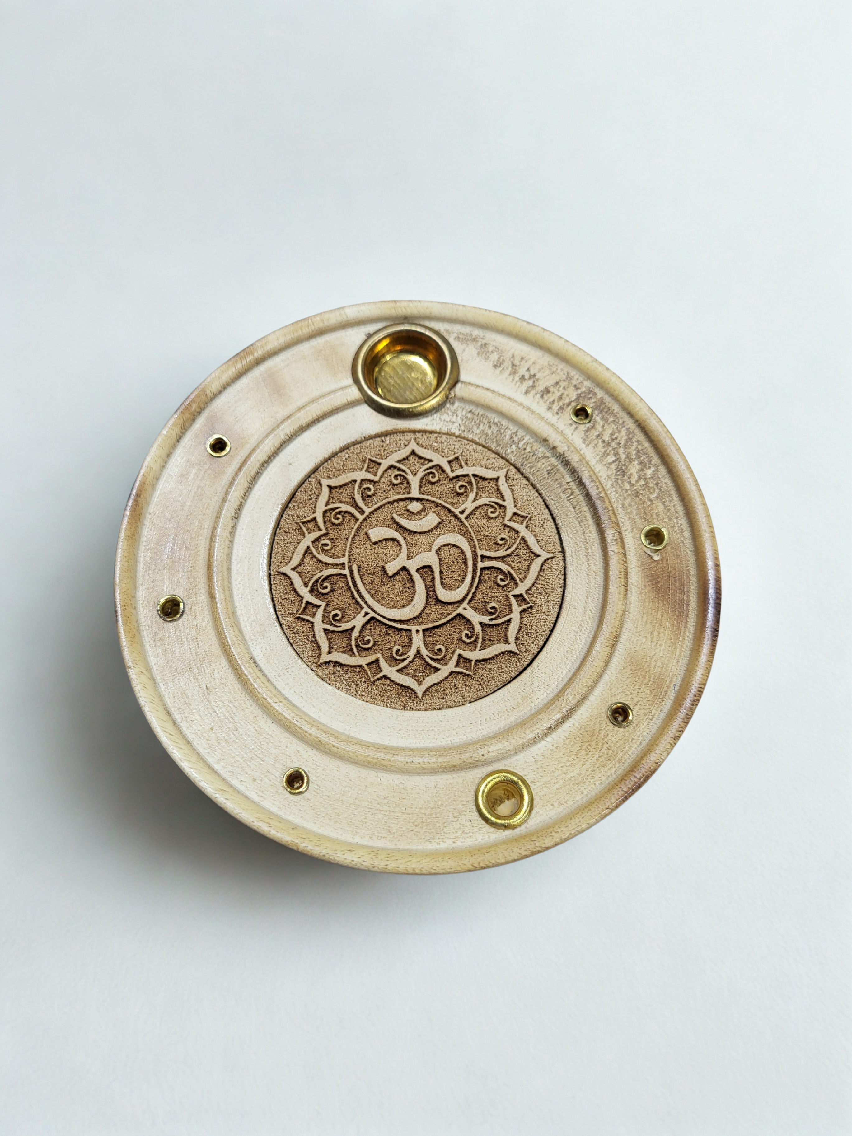 Incense  Holder – Wood Round Laser Engraved Om 4″DIA